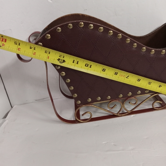 Santa Christmas Sleigh Wooden Metal & Burgundy Leather Large - Picture 2 of 9